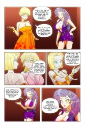  absurdres android_18 blonde_hair blue_eyes blue_hair breasts choker cleavage comic crossover dialogue dragon_ball dragon_ball_z earrings empty_eyes equestria_girls erasa female_only femsub grey_skin happy_trance harem_outfit jewelry large_breasts long_hair multiple_girls my_little_pony necklace open_mouth purple_hair rarity short_hair smile symbol_in_eyes text underwear wadevezecha yellow_eyes 