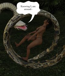  3d absurdres aged_up bare_legs barefoot black_hair breasts coil_loop_walk coils disney feet femsub huge_breasts hypnotized_walking kaa kaa_eyes legs moomaster37 ponytail shanti snake stepped_on text the_jungle_book 