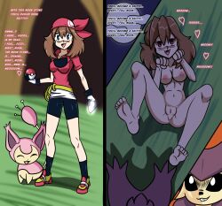 bottomless breasts brown_hair cat_pose delcatty empty_eyes femsub happy_trance idpet long_hair may nintendo nude pet_play pokemon pokemon_(anime) pokemon_ruby_sapphire_and_emerald pussy red_eyes skitty text topless trigger