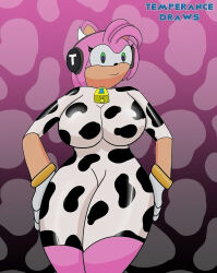 amy_rose cow_girl cow_print cowbell empty_eyes female_only femsub furry hand_on_hip happy_trance headphones hedgehog_girl hypnotic_accessory hypnotic_audio latex pink_hair smile sonic_the_hedgehog_(series) tech_control temperancedraws thick_thighs