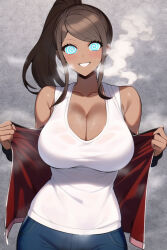  ai_art aoi_asahina blush breath brown_hair cleavage dangan_ronpa dark_skin female_only femsub glowing glowing_eyes happy_trance huge_breasts jeans long_hair looking_at_viewer manip misterman4_(manipper) ponytail smile spiral_eyes stable_diffusion_(ai) steam sweat tagme undressing 