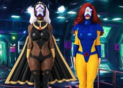  3d abs arm_bands bodysuit breasts cape dark_skin female_only femsub jean_grey lipstick long_hair marvel_comics op-tron parasite red_hair standing standing_at_attention starro storm super_hero western white_hair x-men 