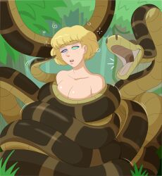  blonde_hair breasts coils dazed desert_rose disney femsub freckles irene_sanders jungle kaa kaa_eyes laughing maledom open_mouth plsgts restrained sleepy snake the_jungle_book topless 