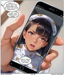 aether_foundation aether_foundation_employee ai_art black_hair cell_phone dark_skin devianbar dialogue large_breasts nintendo pokemon short_hair tagme team_hypno text wicke