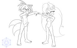 bottomless breasts femsub furry greyscale hedgehog_girl katsiika malesub miles_tails_prower monochrome nude open_mouth penis queen queen_aleena_hedgehog sonic_the_hedgehog_(series) sonic_underground topless