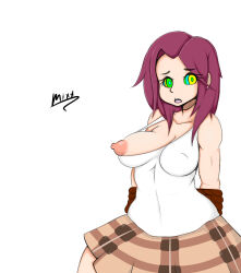 absurdres breasts breasts_outside clothed_exposure erect_nipples expressionless female_only femsub kaa_eyes large_breasts long_hair mixx54 open_clothes open_mouth red_hair simple_background skirt solo white_background
