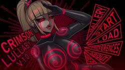 advertisement animated body_markings bodysuit breasts crimson_lullaby drone dronification erect_nipples female_only femsub large_breasts original porniky saluting spiral spiral_background text video video_game