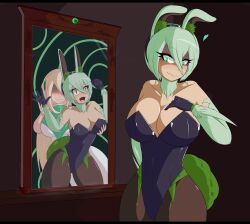  body_swap breast_grab breasts bunny_ears bunny_girl glowing glowing_eyes green_hair holding_breasts mirror monster_girl original possession shaded-seraphim 