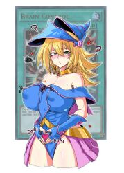 blonde_hair blush breasts cleavage dark_magician_girl dazed erect_nipples exabyte female_only femsub hat heart heart_eyes large_breasts long_hair magic solo sweat symbol_in_eyes text yu-gi-oh!