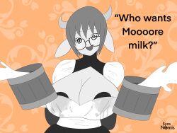 absurdres breasts cow_girl female_only femsub glasses horns huge_breasts lactation maimu_orav milk open_mouth orange_background original short_hair signature simple_background smile standing syas-nomis text
