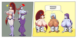 ahoge all_fours arm_warmers ass_expansion bandana before_and_after boots bottomless bracers breast_expansion breasts cleavage collarbone comic cow_girl cow_print cuffs dark_skin dialogue dlobo777 earrings expressionless femsub fingerless_gloves gloves grey_skin harmony_(shantae) huge_ass huge_breasts light_skin long_hair necklace nipples open_mouth pants ponytail purple_hair red_hair risky_boots shantae_(series) silver_hair simple_background speech_bubble spiral_eyes squidsmith standing standing_at_attention surprised text thighhighs topless underboob very_long_hair 