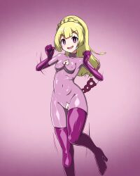  aka_(artist) blonde_hair bodysuit boots braid breasts chicken_pose cleavage cleavage_cutout dancing empty_eyes fake_tail gloves happy_trance latex lillie_(pokemon) looking_at_viewer love mochi_dance nintendo open_clothes opera_gloves pink_background pokemon pokemon_sun_and_moon ponytail purple_eyes pussy rubber simple_background small_breasts smile thigh_boots thighhighs tight_clothing 