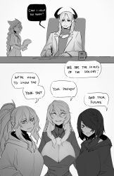 comic greyscale hoodie horns less multiple_girls original tagme