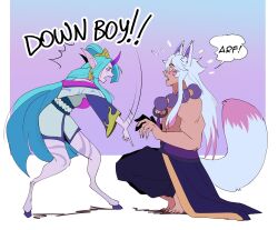 alternate_costume alternate_hair_color alternate_hairstyle bare_shoulders barefoot breasts dialogue earrings elf_ears english_text eyeshadow feet femdom fox_ears green_hair grey_hair horns kimono league_of_legends makeup malesub meme multicolored_hair odeko_yma open_mouth pet_play pink_hair sett_(league_of_legends) soraka_(league_of_legends) speech_bubble squatting standing symbol tail text very_long_hair