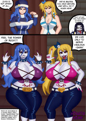  alternate_costume alternate_hairstyle bare_shoulders before_and_after belt blonde_hair blue_hair breast_expansion choker clothed collar comic costume crotch_tattoo dialogue earrings enemy_conversion english_text eyeshadow fairy_tail femsub hair_growth hand_on_hip hinata-hime huge_breasts instant_loss juvia_loxar large_breasts lipstick long_hair lucy_heartfilia makeup maledom midriff navel open_mouth pale_skin ponytail punkification purple_lipstick rock_of_succubus side_ponytail smile text tongue tongue_out very_long_hair vidaldus_taka white_skin 