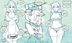  absurdres bra choker cleavage collar consensual denial dialogue dress drool empty_eyes english_text glowing_eyes heavy_eyelids hypnotic_accessory large_breasts maid midriff monochrome monster_girl original panties pupsoph slime tech_control text thick_thighs thigh_gap thighhighs thought_bubble underwear undressing 