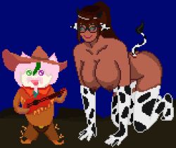 alien breasts brown_hair cow cow_girl cowboy cowboy_hat cowboy_outfit darkpyuru horns hypnotic_music kaa_eyes music nude nyarukavt nyarupix_thotep original pixel_art virtual_youtuber