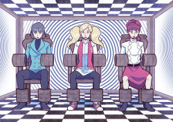  absurdres ann_takamaki blonde_hair brown_hair chair clothed crossover drool ef-nsfw female_only hypnotic_screen long_hair mad_mod makoto_niijima multiple_girls multiple_subs open_mouth persona_(series) persona_5 persona_5_royal ponytail red_hair restrained short_hair sitting spiral spiral_eyes sumire_yoshizawa teen_titans twintails video_game 