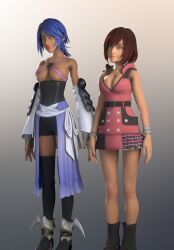 3d absurdres aqua_(kingdom_hearts) blue_hair boots breasts brown_hair cleavage corset empty_eyes female_only femsub happy_trance harness hiroprotogon kairi kingdom_hearts kingdom_hearts_birth_by_sleep large_breasts red_hair ring_eyes short_hair skirt smile standing standing_at_attention thigh_boots
