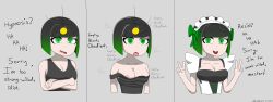  absurdres before_and_after black_hair bow breasts cleavage clothed_exposure comic crossed_arms denial dialogue drool exposed_chest expressionless eyebrows_visible_through_hair female_only femsub good_sub_conditioning green_eyes green_hair happy_trance instant_loss large_breasts maid maid_headdress nipples open_mouth original pendulum pocket_watch resisting short_hair sobergin solo spiral_eyes tank_top text tongue tongue_out topless 