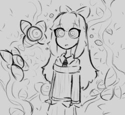 alice_(skecchyartist) femsub flower grey_background hair happy_trance hypnotic_eyes hypnotic_plant long original ribbon ring_eyes simple_background skecchyartist sketch skirt standing_at_attention sweater tie