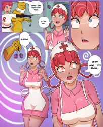  absurdres blue_eyes breasts clothed dialogue drool earrings english_text eyeshadow femdom femsub gradient_background hat hypno hypnoskeleton jessie jewelry large_breasts makeup nintendo nurse nurse_joy open_mouth pendulum pink_hair pokemon pokemon_(creature) simple_background speech_bubble spiral spiral_eyes team_rocket text uniform 
