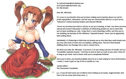 angrywhiteboy43_(manipper) belt breasts brown_hair caption caption_only cleavage dragon_quest_(series) dragon_quest_viii femdom huge_breasts hypnotic_breasts jessica_albert large_breasts looking_at_viewer manip necklace pov pov_sub purple_eyes text