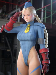 3d arm_bands blonde_hair blue_eyes body_paint cammy_white capcom dead_source erect_nipples erect_nipples_under_clothes expressionless femsub fingerless_gloves gloves hat leotard llmav_rs makeup nail_polish shadaloo_dolls shoulder_pads standing standing_at_attention street_fighter tie twin_braids