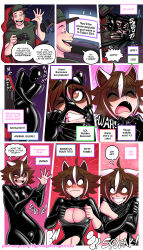  absurdres animal_ears breast_expansion breasts brown_eyes brown_hair cleavage comic dialogue fangs femsub genderswap large_breasts latex raccoon_girl slime speech_bubble text thetransformistress transformation transgender 