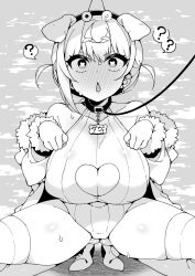  arato_asato blush breasts cleavage coin collar davi_artman dog_ears dog_pose earrings erect_nipples fake_animal_ears female_only femsub greyscale heart heart_eyes jewelry large_breasts leash monochrome open_mouth pendulum pet_play short_hair solo squatting sweat symbol_in_eyes unaware virtual_youtuber 