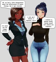  black_hair breasts brown_hair business_suit carlo_montie dark_skin disgustinggirl_(manipper) female_only femdom happy_trance humiliation humor jeans large_breasts manip miniskirt office_lady pendulum smile spiral_eyes sweater symbol_in_eyes text unaware urination 