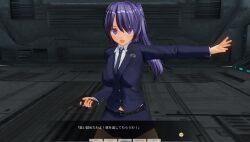  3d angry before_and_after belted_skirt breasts custom_maid_3d_2 dialogue female_only gun japanese_text open_mouth original police_uniform policewoman purple_eyes purple_hair side_ponytail skirt solo swallow774 text tie weapon 