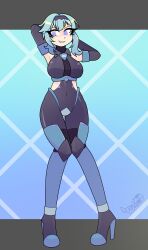 absurdres arms_above_head blue_eyes blue_hair bodysuit breasts clothed corruption crossover drone eula_(genshin_impact) evil_smile eye_color_change female_only femsub final_fantasy final_fantasy_xiv genshin_impact glowing_eyes high_heels latex neo_garlean_empire purple_eyes rakuma-imp smile solo square_enix