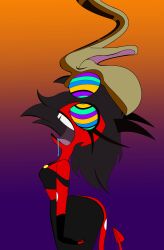  absurdres bare_shoulders black_hair black_lipstick clothed colorrings crop_top crossover disney drool eyelashes femsub gradient_background helluva_boss horns hypnotic_eyes imp kaa kaa_eyes large_ass makeup maledom millie_(helluva_boss) netorare open_mouth red_skin short_hair snake standing_at_attention tail the_jungle_book 