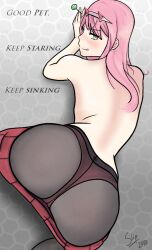 ass ass_focus bare_shoulders blush darling_in_the_franxx female_only femdom green_eyes hypnotic_ass long_hair looking_at_viewer looking_back panties pantyhose pink_hair pov pov_sub skirt slip smile solo text topless underwear zero_two