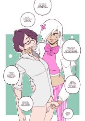 brown_hair confessional-chan crop_top cum dialogue drool efalabrino femdom glasses hair_covering_one_eye hair_ornament handjob happy_trance lipstick malesub orgasm pink_lipstick smile smug white_hair