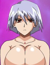 artist_request bare_shoulders brown_eyes cleavage collarbone divergence_eve expressionless femsub grey_hair huge_breasts lyar_von_ertiana nude possession robotization silver_hair star_trek tech_control white_hair