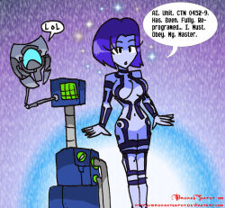 blue_hair breasts brokenteapot cortana dialogue expressionless femsub guilty_spark_343 halo_(series) large_breasts maledom open_mouth robot short_hair standing standing_at_attention tech_control text