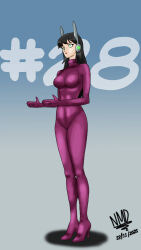 bangs black_hair bodysuit clothed drone dronification expressionless green_eyes headphones hypnovember latex lipstick long_hair nominddetected standing standing_at_attention tech_control