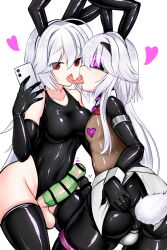  ass ass_grab balls bare_shoulders bodysuit bow_tie breasts bunny_boy bunny_ears cell_phone censored collar collarbone condom cuffs fake_animal_ears fake_tail femboy frottage futa_with_male futadom futanari heart heart_pasties kissing latex licking long_hair malesub mastersprouts navel opera_gloves original pasties penis simple_background swimsuit tattoo tech_control thighhighs tongue tongue_out visor white_background white_hair 