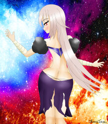 absurdres aged_up alternate_costume alternate_hairstyle ass ass_focus blush bozel_(langrisser) corruption eye_color_change femsub from_behind grey_hair happy_trance langrisser large_ass licorice_(langrisser) looking_at_viewer looking_back possession red_eyes smile thanytony torn_clothes very_long_hair