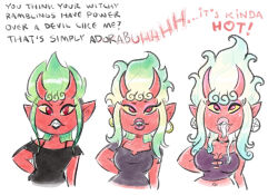 bimbofication brain_drain breast_expansion breasts demon_girl femsub green_hair horns mr-dna original succubus text transformation