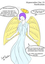 angel angel_girl dialogue eve_(poppetkisses) femsub halo hypnovember original purification purple_hair robe sage_of_shadows smile text wings