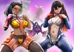 bikini black_hair bra breasts carmine_(pokemon) censored femsub green_hair hairband happy_trance haruto_miyakura huge_breasts long_hair mochi_dance multicolored_hair multiple_girls multiple_subs nemona_(pokemon) nintendo open_mouth panties pecharunt pokemon pokemon_scarlet_and_violet ponytail purple_eyes pussy_juice red_hair smile tan_skin tie undressing