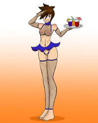  absurdres barefoot black--wave blush breasts brown_hair crossed_eyes earrings feet female_only femsub fishnets freckles happy_trance jewelry large_breasts light_skin navel_piercing overwatch piercing shrunken_irises skirt smile standing standing_at_attention tracer tray waitress 
