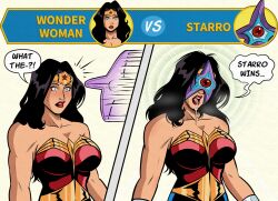 alien bare_shoulders black_hair blue_eyes breasts cleavage comic dc_comics dialogue drool english_text femsub large_breasts open_mouth parasite polmanning possession red_lipstick speech_bubble spoilers starro super_hero surprised sweat text wonder_woman wonder_woman_(series)