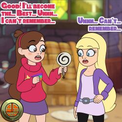  accidental_hypnosis bangs belt blonde_hair blue_eyes braces brown_eyes brown_hair dialogue disney eyebrows_visible_through_hair gravity_falls jacket mabel_pines ordeper_arts pacifica_northwest self_hypnosis signature skirt spiral spiral_eyes sweater 