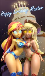 14-bis applejack bare_shoulders birthday bracers breast_press cake candle choker cowboy_hat equestria_girls femsub happy_trance harem_outfit hat large_breasts long_hair midriff multicolored_hair my_little_pony ponytail red_hair smile spiral_eyes sunset_shimmer symbol_in_eyes text yellow_skin