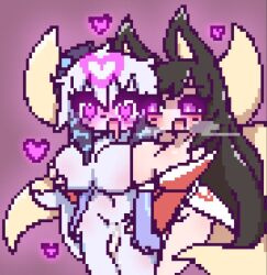  ahri animal_ears blush breast_grab breasts chibi cleavage clothed control_indicator drool femdom femsub fox_ears fox_girl fox_tail groping heart heart_eyes kindred large_breasts league_of_legends nude open_mouth pixel_art shadove simple_background tail yuri 