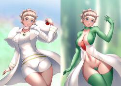 alternate_costume before_and_after clothed_exposure cosplay diantha empty_eyes expressionless femsub gardevoir gloves hadant midriff navel nintendo pokeball pokemon pokemon_(creature) pokemon_x_and_y sequence short_hair silver_hair